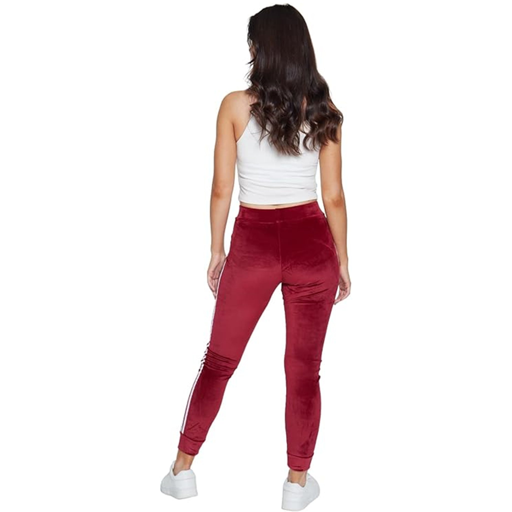 Ladies velour bottoms soft lounge joggers with side stripes in wine